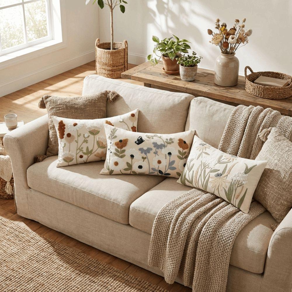 Canvas Tufted Throw Pillow Cover Square Decorative Pillow Case Embroidered Cushion Cover Bed