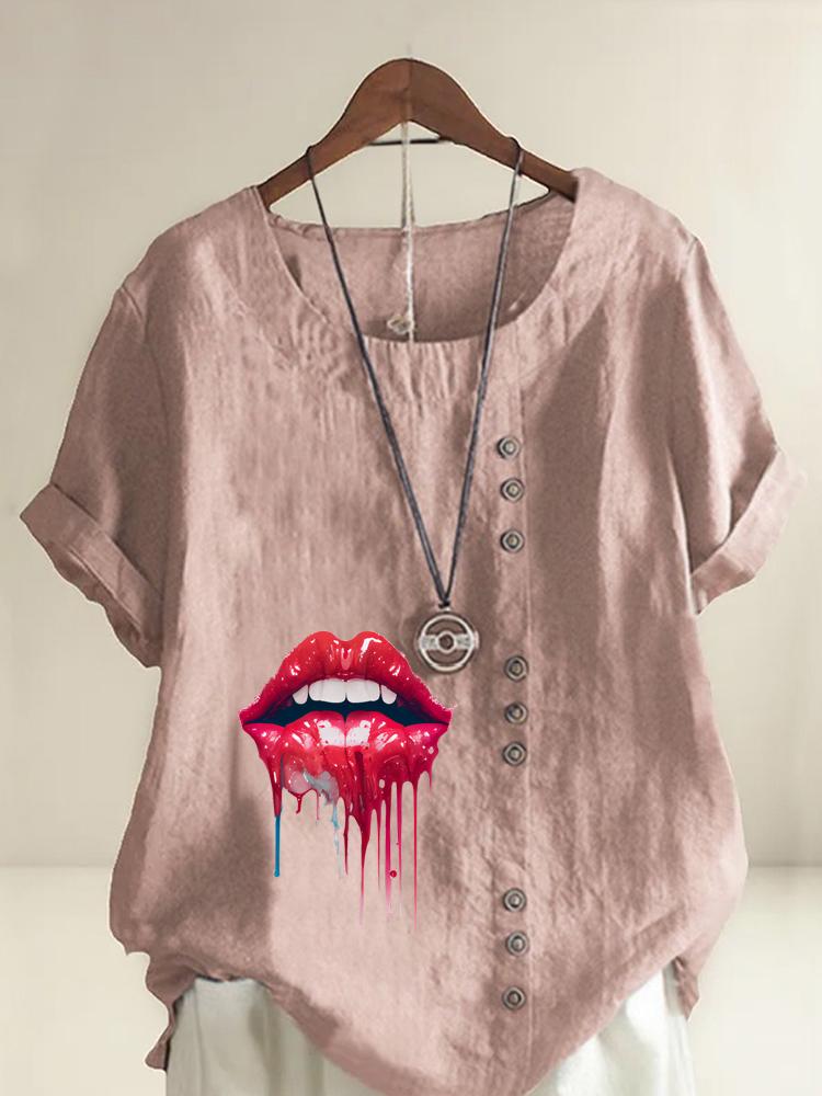

Women s Fashion Red Lips Print Round Neck Short Sleeve T-shirt Casual Cotton Linen Graphic Shirt Leisure Loose Summer Blouse Tops S розовый