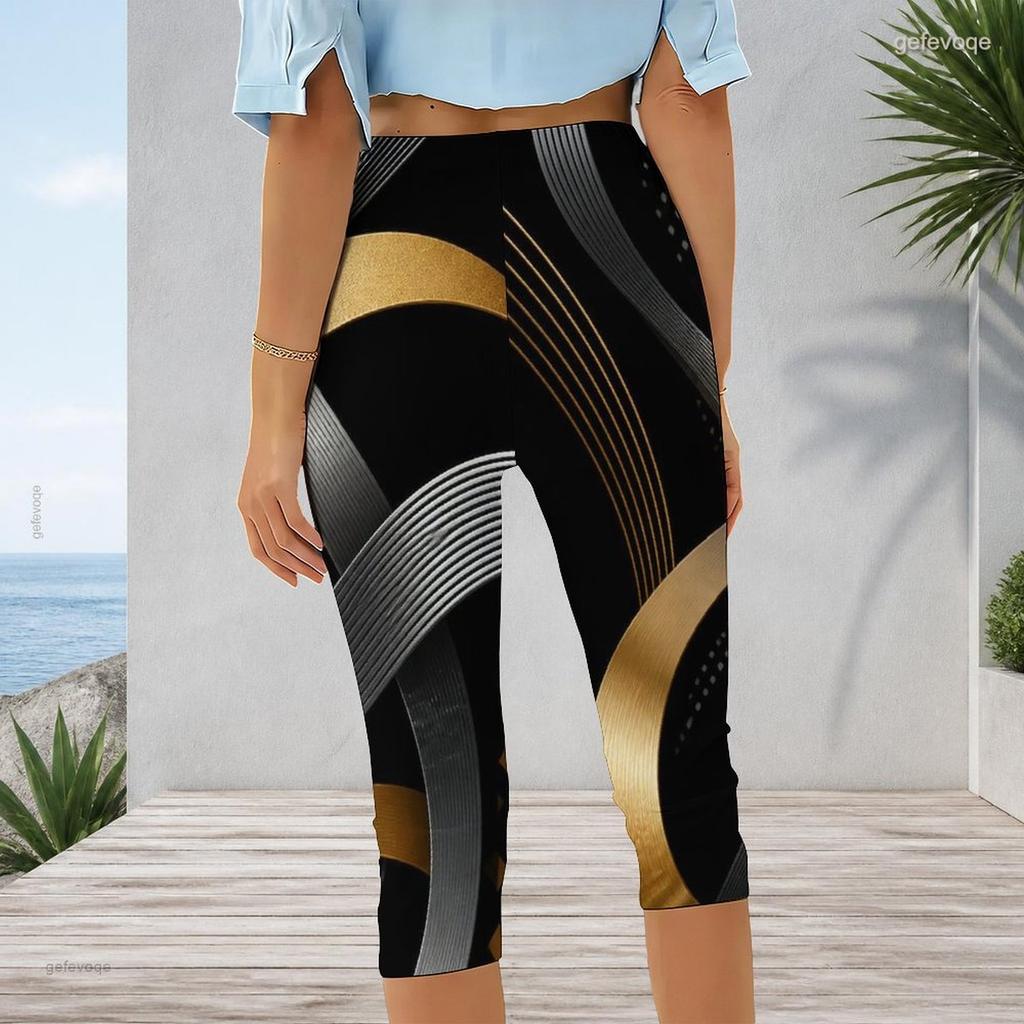 Womens Plus Size High Waist Capri Length Leggings Abstract Vertical Gradient Print Soft Stretchy Casual Workout Cropped Pants