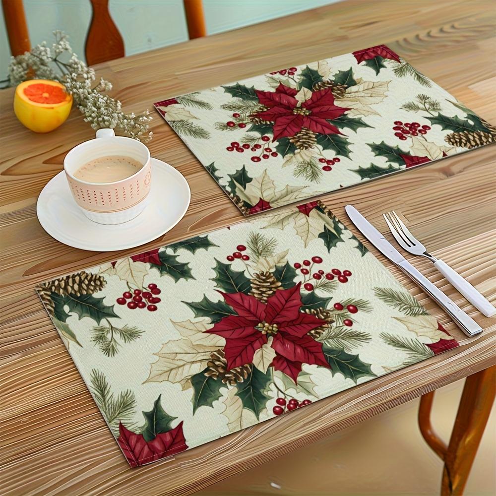 1/2/4/6/8pcs Christmas Theme Placemats - Beautiful Christmas Flower Pattern, 17.7 Inch X 11.8 Inch Rectangle Table Placemats, Machine Washable
