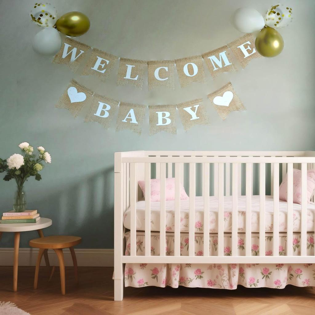 Welcome Baby Banner - Welcome Baby Shower Sign - Pre-Strung Burlap Gender Reveal Banner for Boy and Girl (Come with 6pcs Balloons)