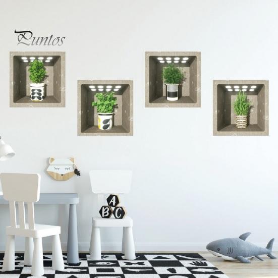 4Pcs/Set Potted Plants Wall Sticker 3D Effect Self-adhesive Waterproof PVC Removable Living Room Bedroom Modern Wall Art Green Plant Decoration Decal