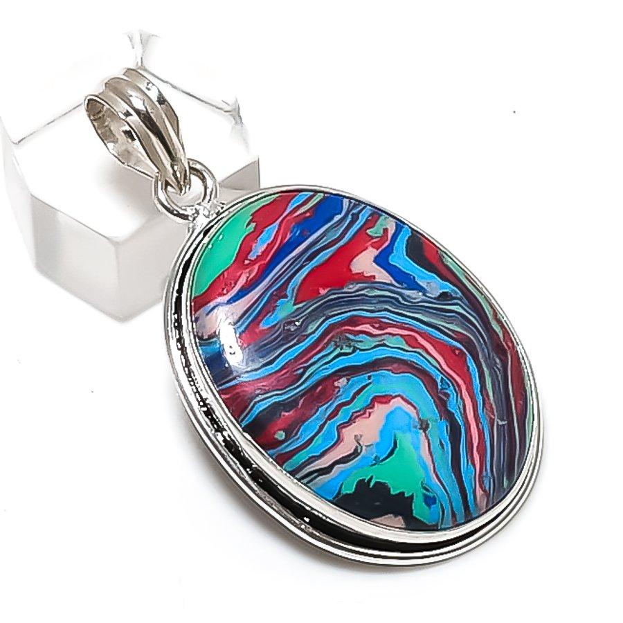 Rainbow Calsilica Gemstone Handmade 925 Sterling Silver Pendant 1.93" D2a92