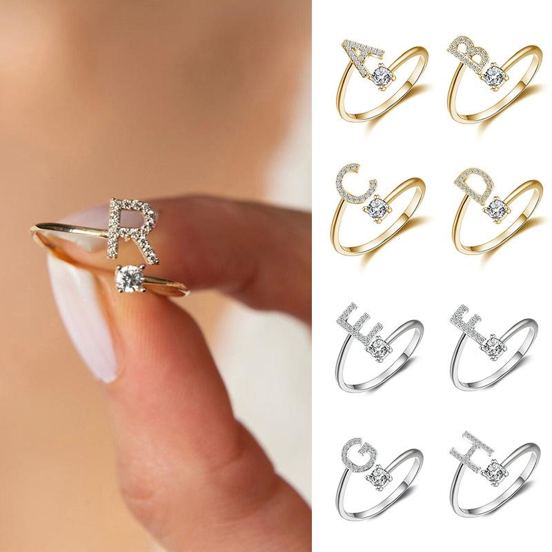 CARLIDANA Women Adjustable Zircon A - Z Letters Initial Name Stackable Letter Open Rings Stainless Steel Adjustable Ring