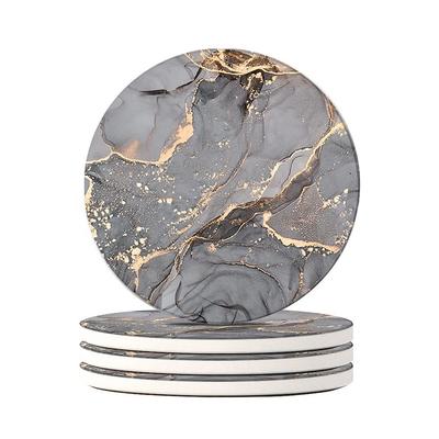 Descanso de Copo Cerâmico Estiloso HAOCOO com Padrão de Mármore e Base de Cortiça, Conjunto de 4, Redondo, para Canecas e Chá, Isolante, Melhor do que Terra Diatomácea,