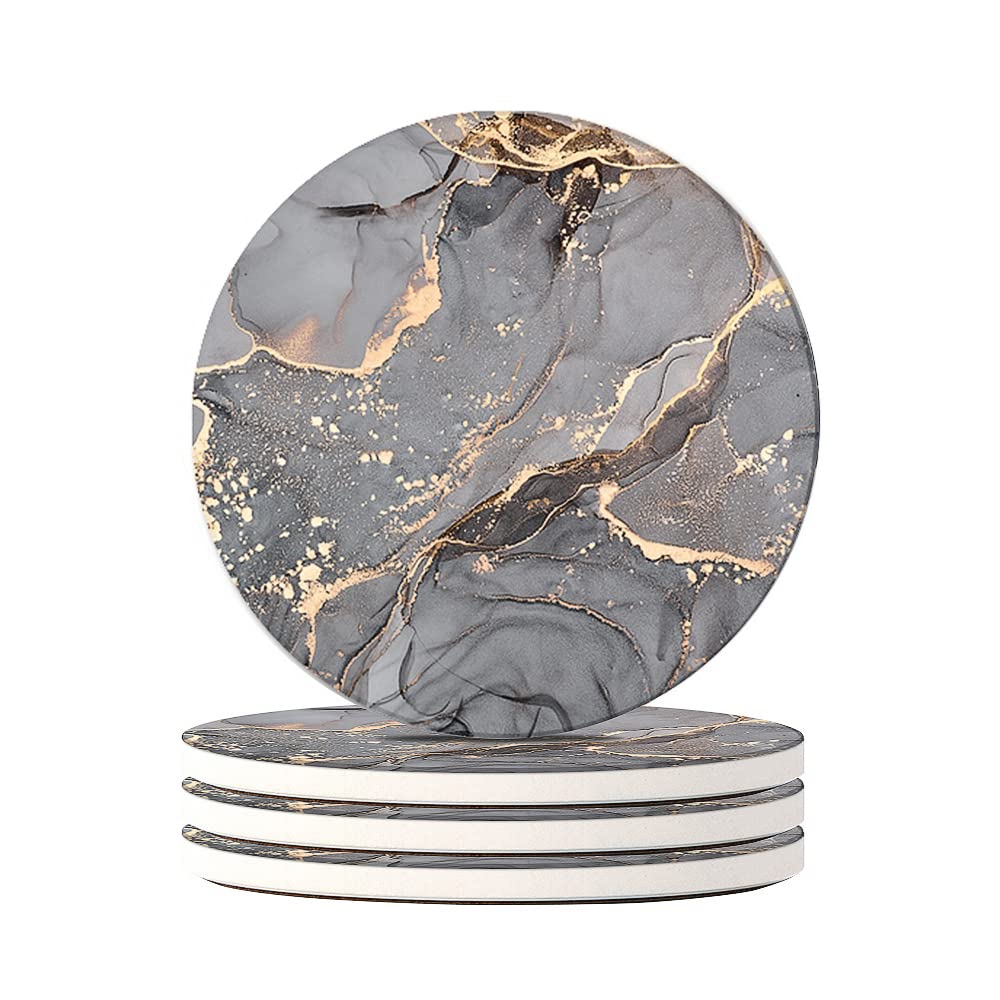 HAOCOO Stylish Ceramic Coasters with Marble Pattern and Cork Backing, Set of 4, Round, for Mugs and Tea, Insulating, Better Than Diatomaceous Earth,