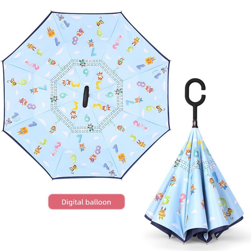 Freihändig umkehrbarer doppelwandiger Regenschirm für Kinder, geeignet für die Schule, bei Regen oder Sonnenschein, Schülerregenschirm, Cartoon-Design, gerader Griff, Sonne
