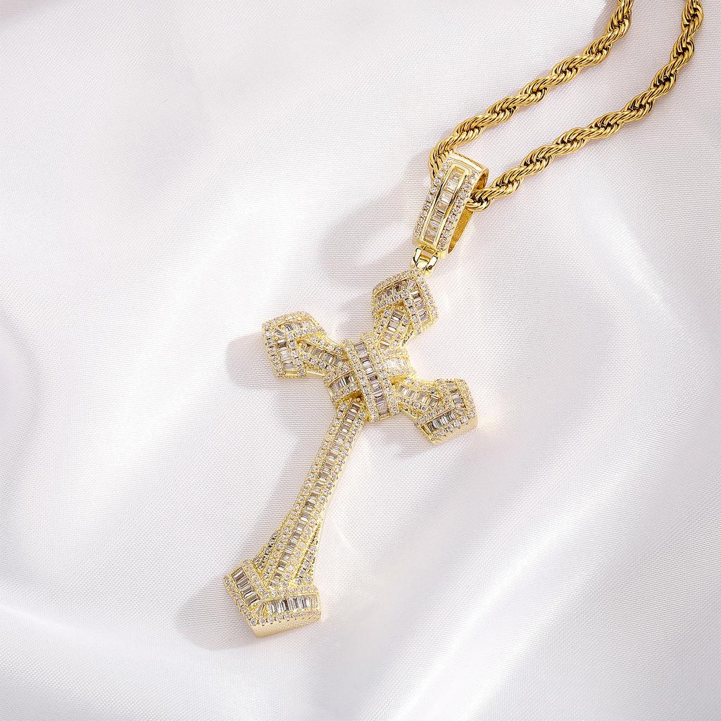 Copper Inlaid Zirconium Full Diamond Ladder Retro Size Cross Pendant Hip Hop Trend Men's Necklace Accessories