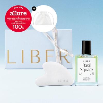 Liber Essential Aroma Oil Roll-on & Gua Sha Set Basil Square, Pine Wood