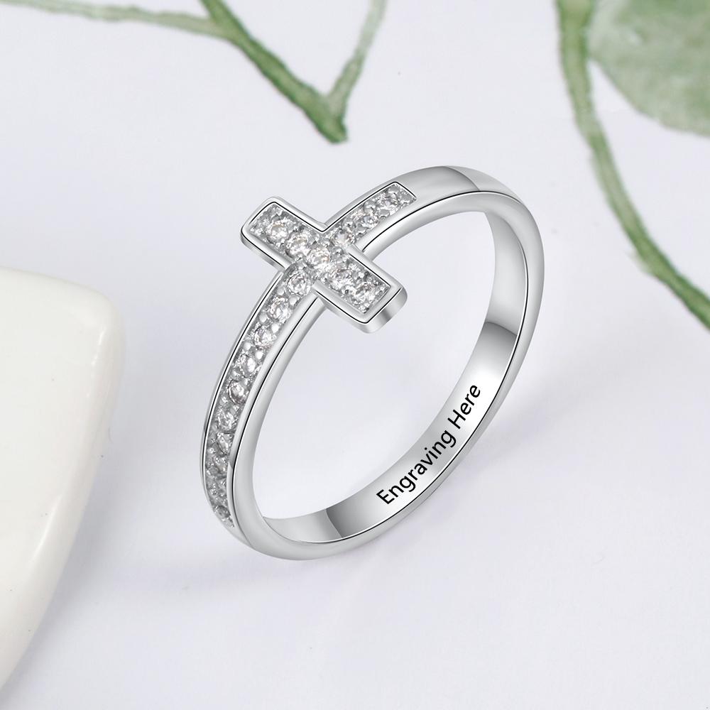 Anillos de cruz de plata esterlina 925 personalizados para mujer, anillos de circonita cúbica, joyería de moda para mujer, regalo (Ri103801 )