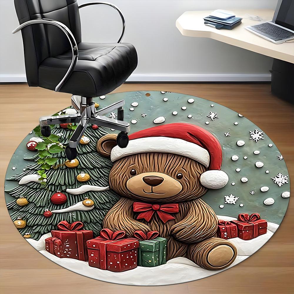 1PC Christmas Bear Office Round Area Rug, Mat Suitable For Office, Under Office Chairs Bedroom Living Room Home Decor, Room Deco