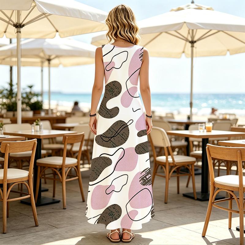 Women's Sleeveless Long Beach Dress Simple Geometric Design,Lightweight Loose Fit,Fashion Versatile for Vacation,Daily Casual,Home & Travel Photos