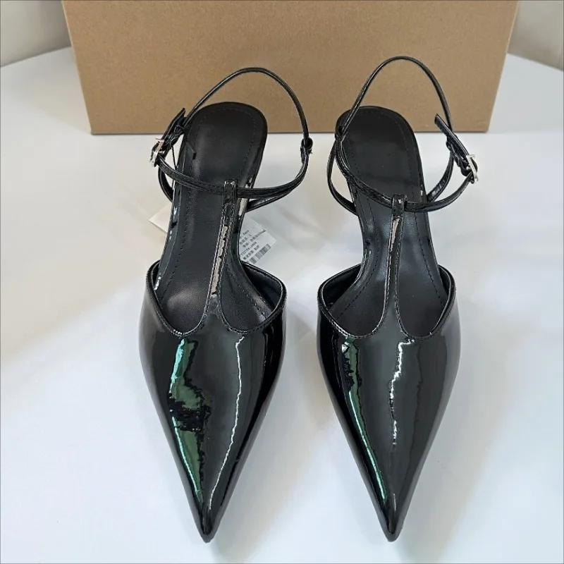 

Fashion High Quality Low Heel Ankle Strap Summer Women Modern Sandals Sexy T-Strap Pointed Toe Soft Leather Elegant Office Lady Shoes 42