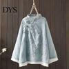 Lady Fall Spring Top Women Retro Chinese Style Embroidered Flower Pattern Knot Button Solid Color Keep Warm Loose Stand Collar Plus Size Vintage