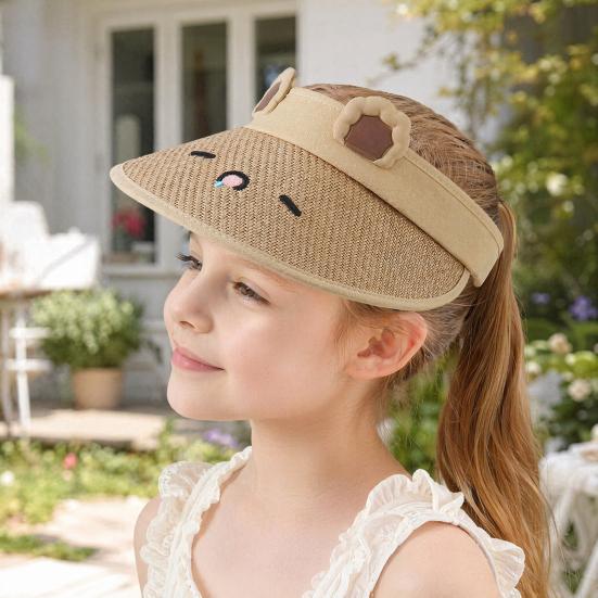 Children Sun Hat, Adjustable Elastic Headband Summer Hat, Breathable Hollow-Top Design Kids Hat, Foldable Bunny Ears Cartoon Print Outdoor Hat
