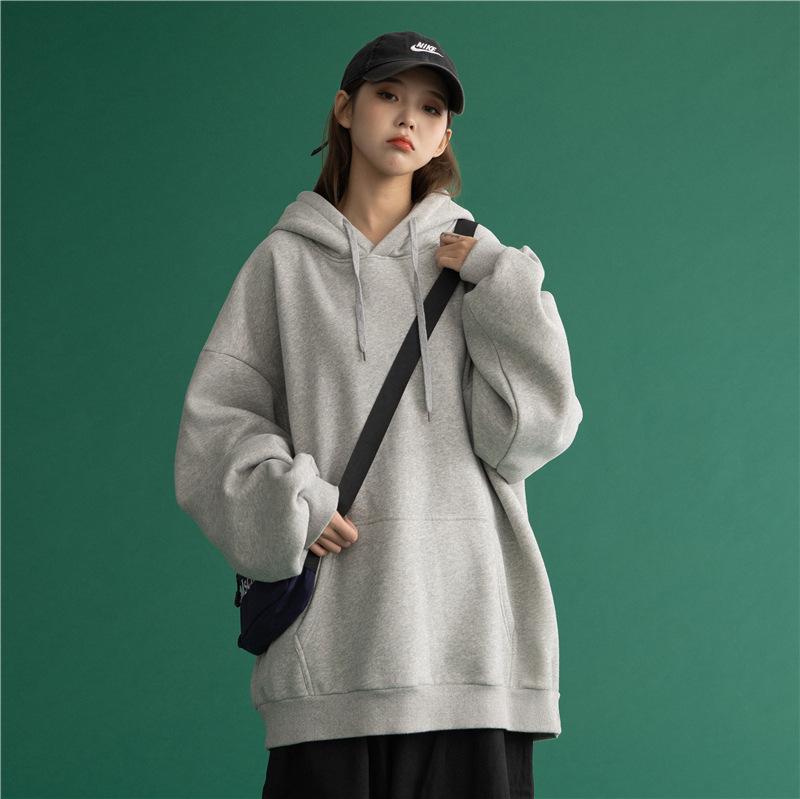 Plus Size Solid Color Korean Style Hooded Sweatshirt - Loose Mid-Length Pocket Jacket for Autumn/Winter