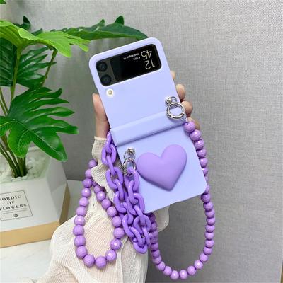 Korean Crossbody Beads Strap Chain Solid Love Heart Case For Samsung Galaxy Z Flip 3 5g Z Flip3 Flip4 Zflip3 Zflip4 Cover