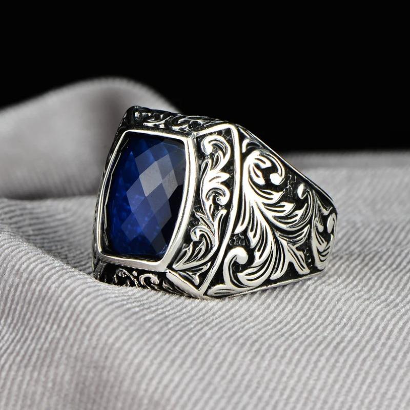 Vintage Silver Color Square Rings for Women Trendy Inlaid with Blue Stone Flower Personalized Creativity Party Rings Jewelry
