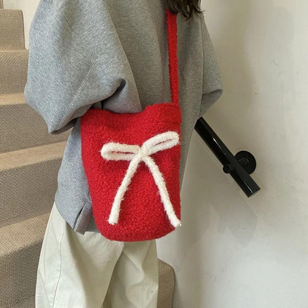 Single Shoulder Red Crossbody Bag Bow Decoration New Year Red Tote Plush Bucket Bag New Year
