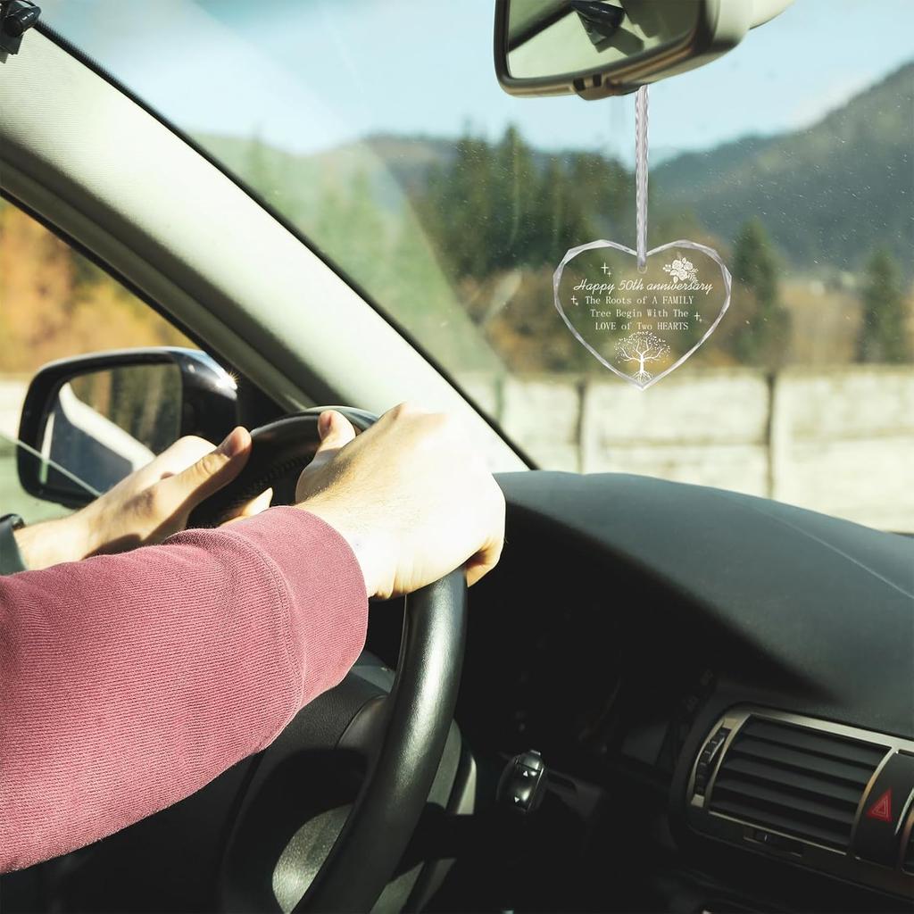 Happy 50th Anniversary Transparent Crystal Ornament, 50th Wedding Glass Memorial Keepsake Heart Plaque Unique Hanging Ornaments for Old Couples