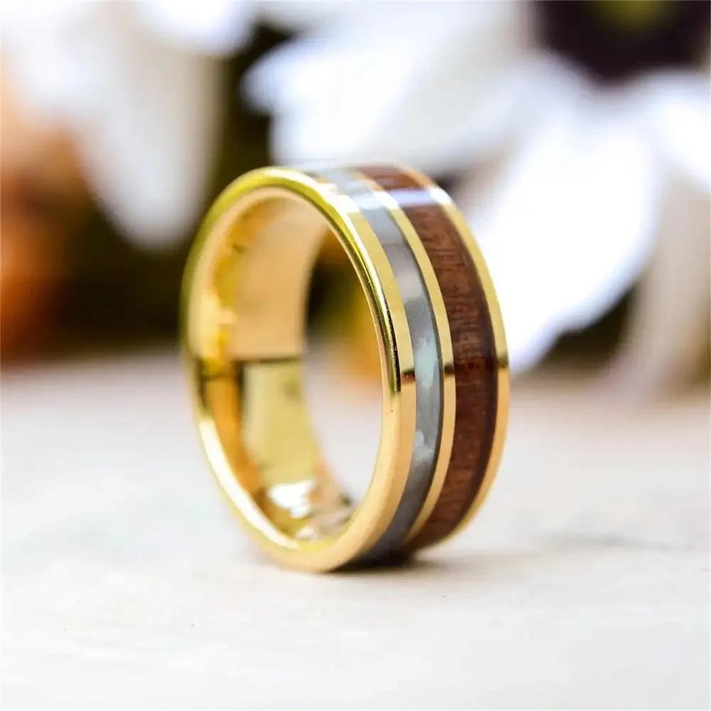8mm Men Gold Color Stainless Steel Abalone Shell Rings Inlay KOA Wood Rings For Men Wedding Engagement Jewelry Gifts