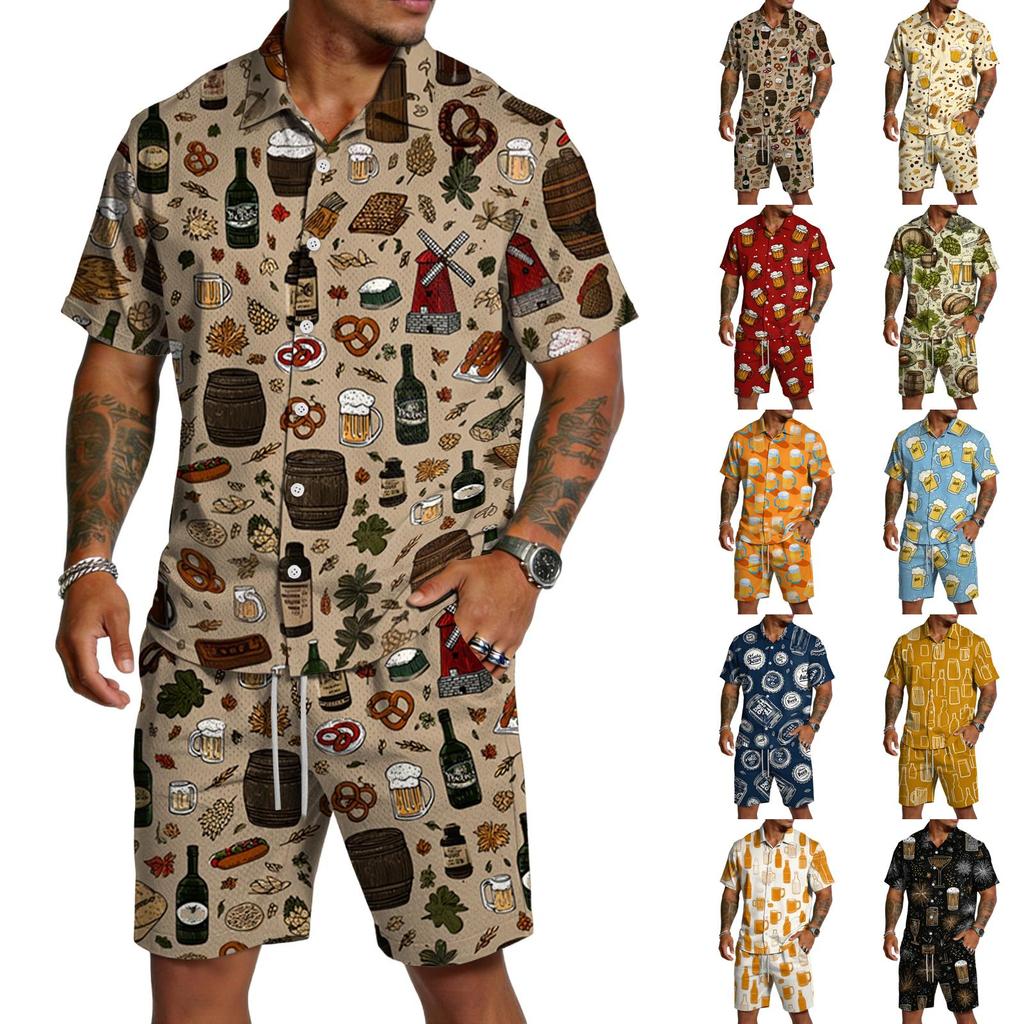 Conjunto Informal de Camisa de Manga Corta y Pantalones Cortos para Hombre con Estampado de Cerveza Ligero de Botones Atuendo de Verano para Actividades al Aire Libre
