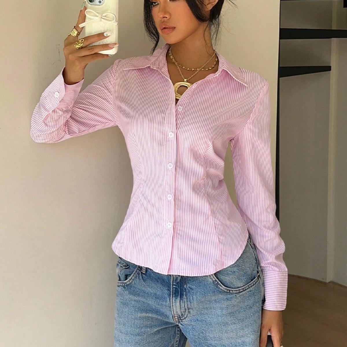 Elegant Women s Long Sleeve Striped Shirt, Slim Fit With Belt, Office Commute Casual Blouse S розовый