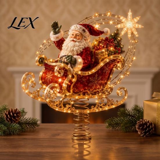 Gold Silver Red Tree Topper Lighted Christmas Topper, Illuminated Santa Claus Gingerbread Nutcracker Treetop Decorative Geometric Crown Ornament with