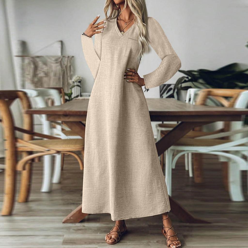 Women's Fashion V-Neck Long Sleeve Pocket Solid Color Zipper Casual Vacation Long Cotton Linen Dresses