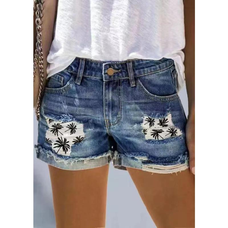 Summer Women's Denim Shorts High Waist Hole Street Hipster Printed Shorts