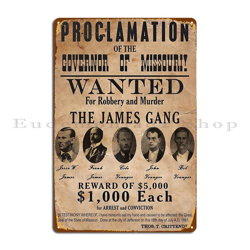 DORA Tin Sign James Gang Wanted Poster Metal Plaque Poster Bar Cave Wall Decor Party Print Garage Tin Sign Poster 20x30cm（7.8x11.8inch）