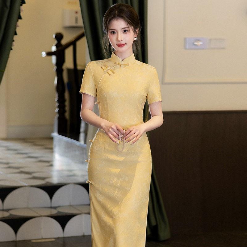Yellow Modern Chinese-Inspired Long Cheongsam Dress Women 2026 Casual Short Sleeve Retro Style Small