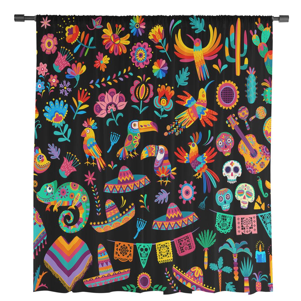 Mexican Festival Pattern Texture Chiffon Sheer Curtains For Living Room Bedroom Decoration Window Tulle Curtains Drapes