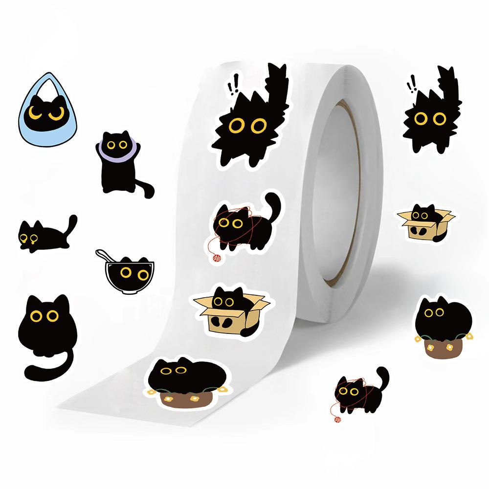 500 Pictures/roll Roll Sticker Tape Hot Spot Cartoon Little Black Cat Handbook Material Decorative Envelope Sticker