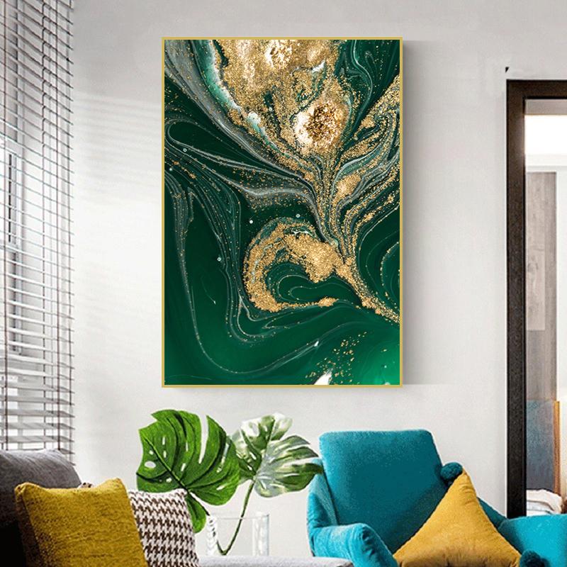 Green Gold Foil Marble Poster Wall Art Oil Painting Printmaking Modern Painting Living Room Home Decoration Picture Mural