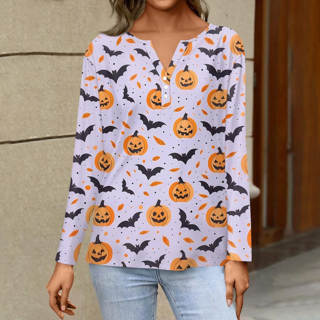 Dámské tričko s potiskem Halloweenu, knoflíky, dlouhý rukáv, denní, víkendová móda, základní, výstřih do V, běžný top