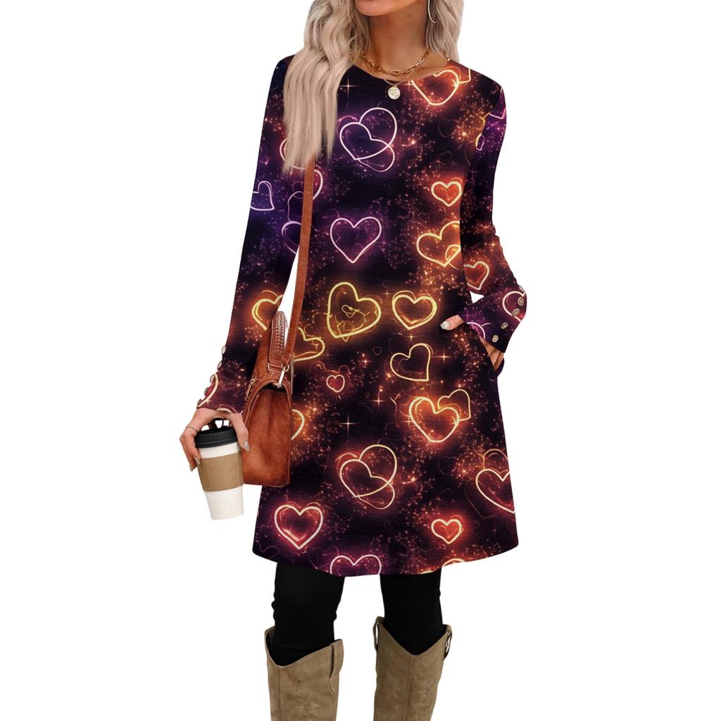 Women's Fashion Casual Pocket Decorative Button Dress Round Neck Long Sleeve Printed Dress