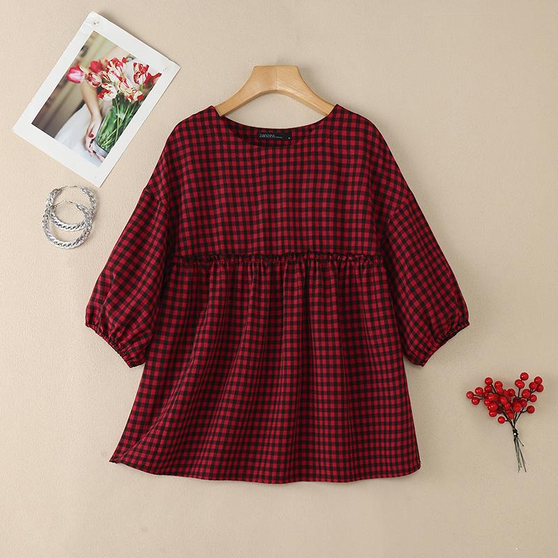 ZANZEA Women Casual Round Neck Half Sleeve Loose Plaid Print Blouse