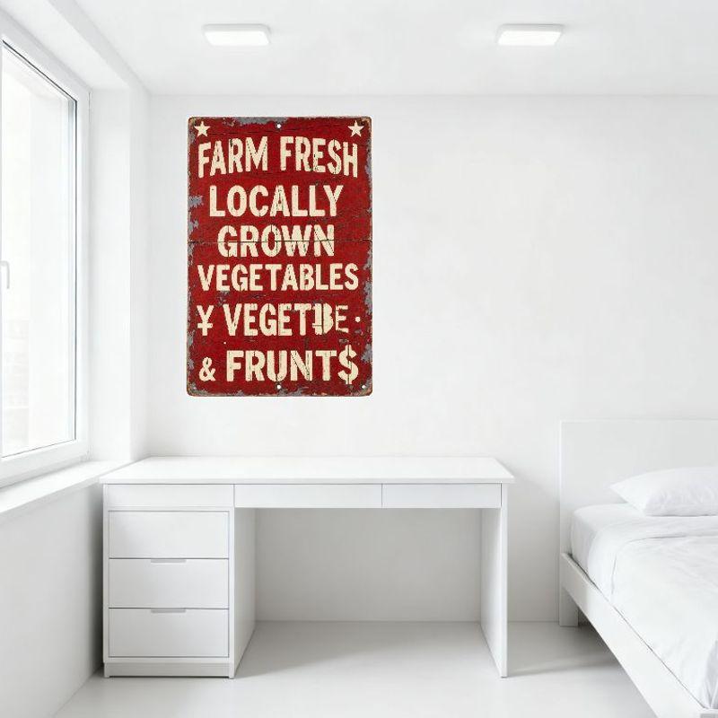 Vintage Farm Fresh Locally Grown Vegetables & Fruits Distressed Tin Sign with Stars, Holes for Hanging - Rustic Antique Produce