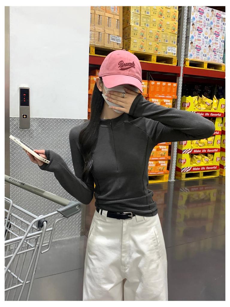 Women's Thermal Fleece Zipper Long-Sleeve T-Shirt with Half-High Collar - Autumn/Winter Warm Base Layer Top