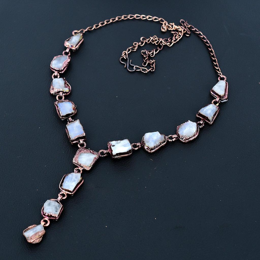 Rough Moonstone Handmade Gemstone Necklace, Copper Electroformed Necklace Antique Jewelry, Adjustable Chain Necklace Engagement Gift