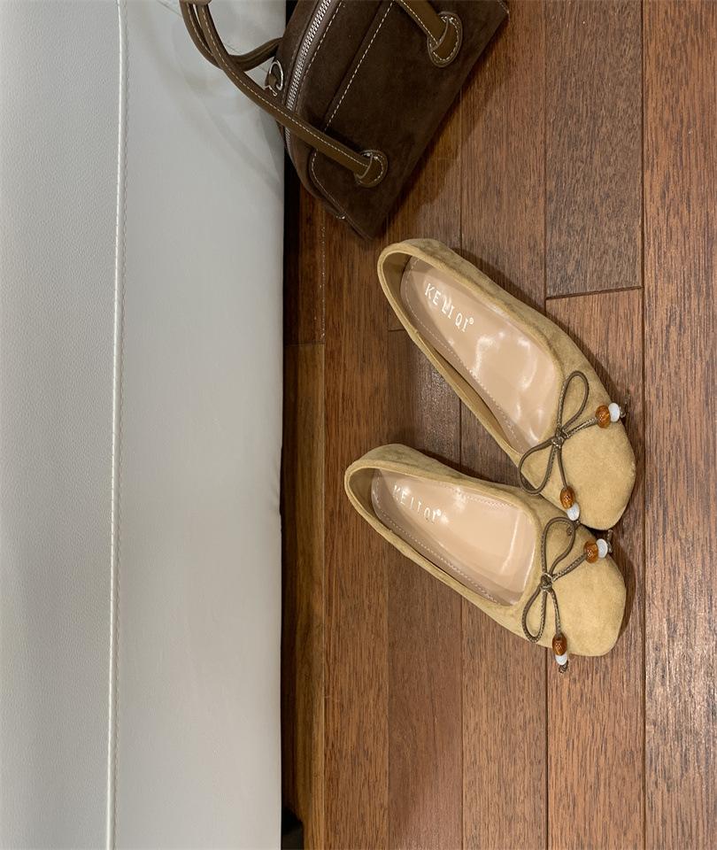 Korean version of square head soft leather soft bottom flat sole single shoes temperament fashion bow one pedal grandma shoes 2025 autumn new