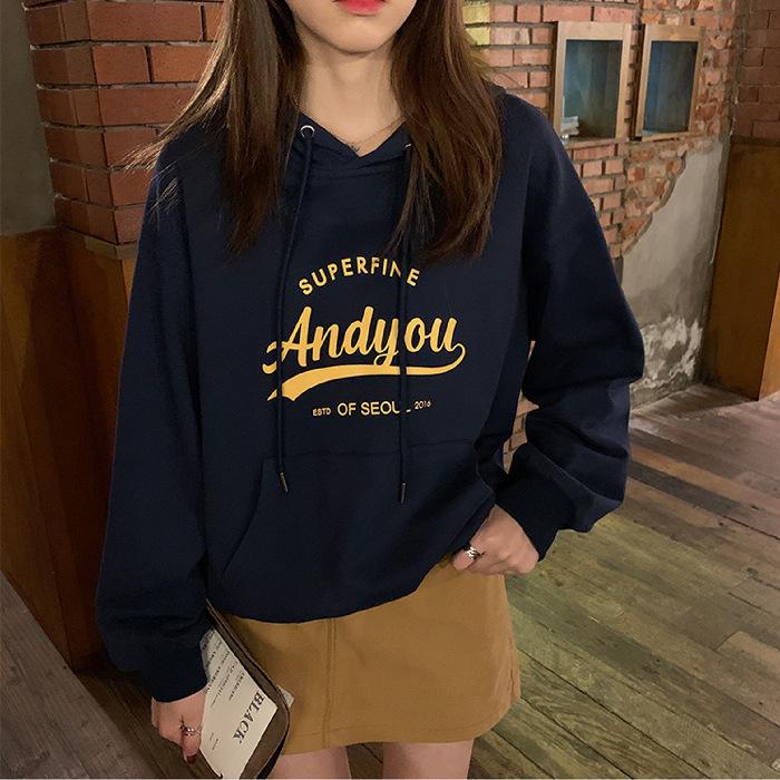 Padded Even The Cap Sweater Hooded Sweatshirt Female Autumn and Winter Loose Letter Printed Student Jacket Long Sleeve Top Retro Versatile Sweatshirt