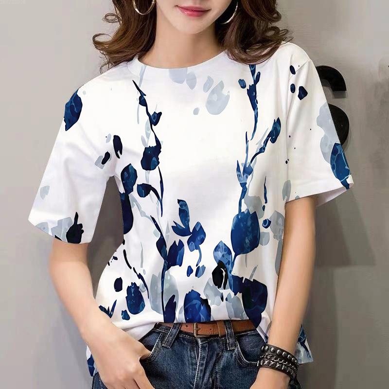 Fashion European and American Women's T-shirt Plant Flower Pattern 3D Printing Casual Women's Round Neck Short Sleeve Top
