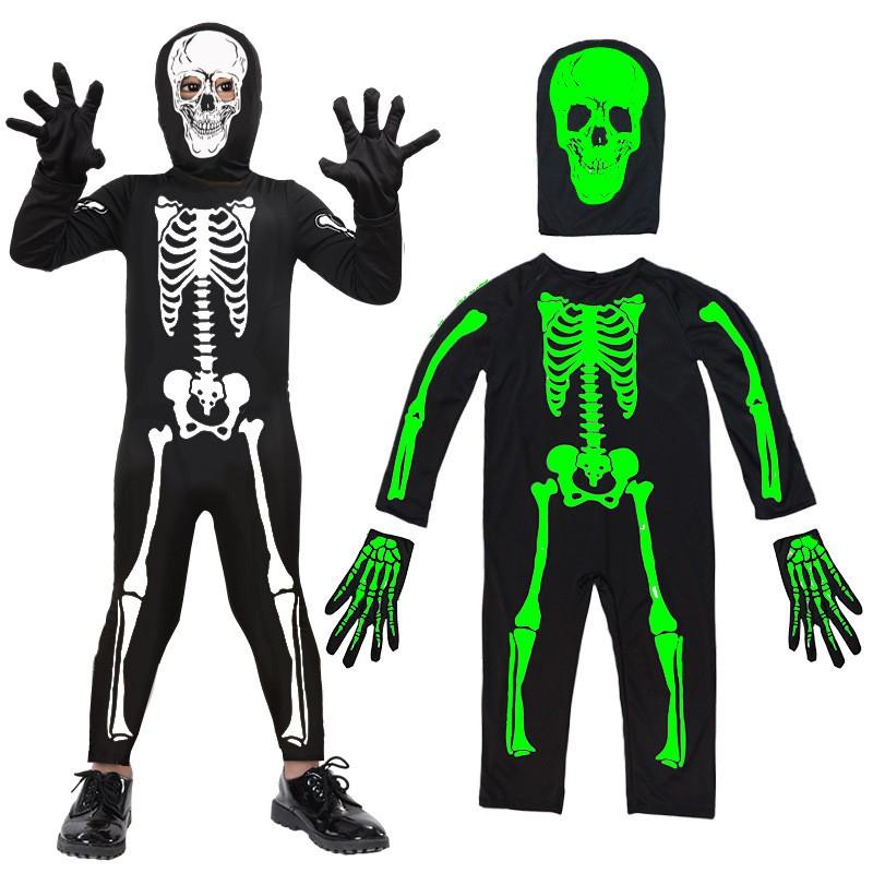 Kids Halloween Skeleton Costume Set Glow-in-the-Dark Ghost Outfit Party Stage Performance Unisex