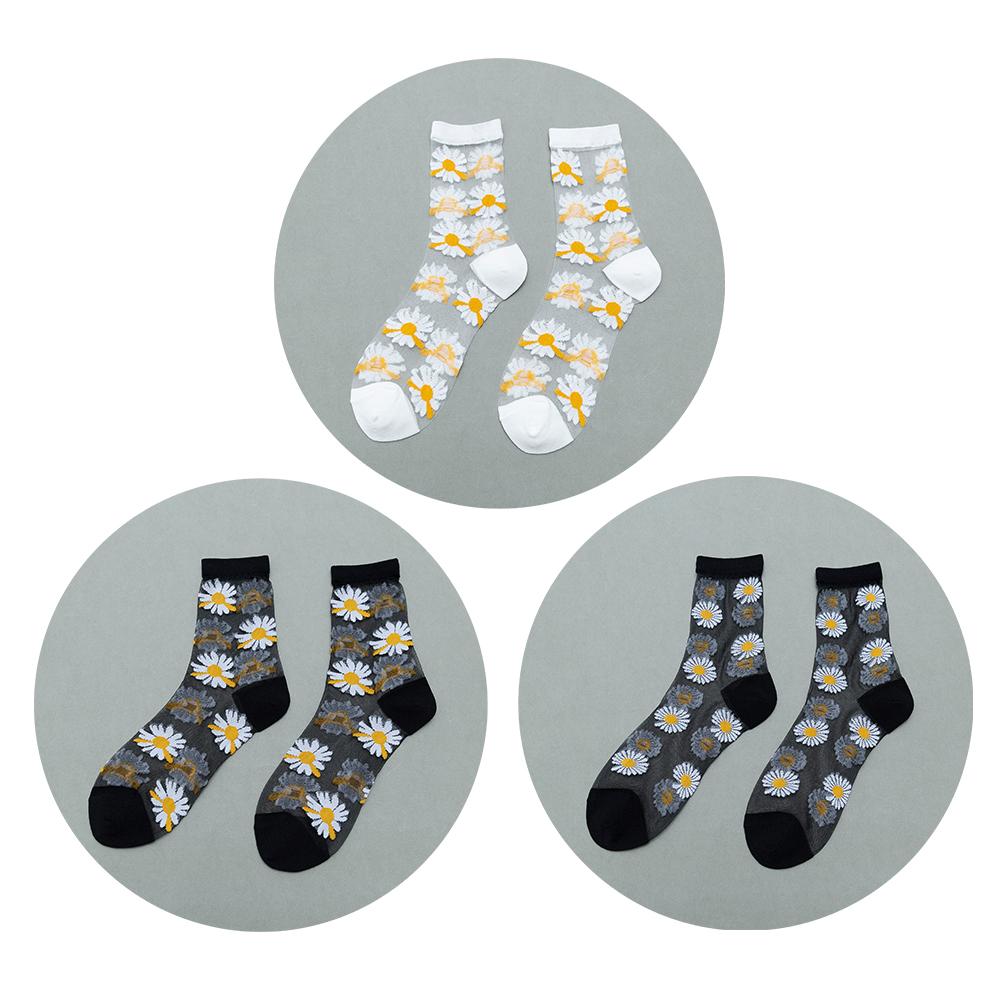 3 Pairs Of Women's Flower Socks Summer Crystal Glass Stockings Medium Short Tube Thin Transparent Daisy  Jacquard Elastic  Socks