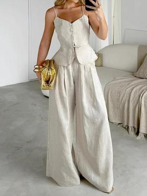 Sommer Neue Mode Träger-Tanktop Hohe Taille Weites Bein Hosen Zweiteiliges Set Mode Persönlichkeit Pendeln Französischer Stil