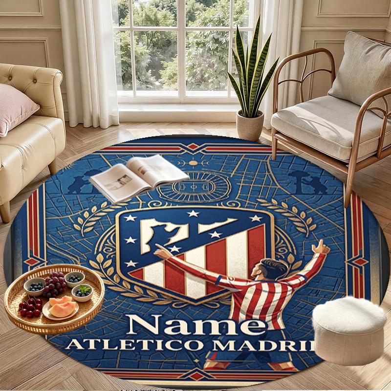 Tapis rond personnalisé avec nom imprimé Atletico Madrid, Tapis polyvalent pour la décoration de la maison, pour salle de jeux, appartement, balcon, entrée, couloir Cadeau
