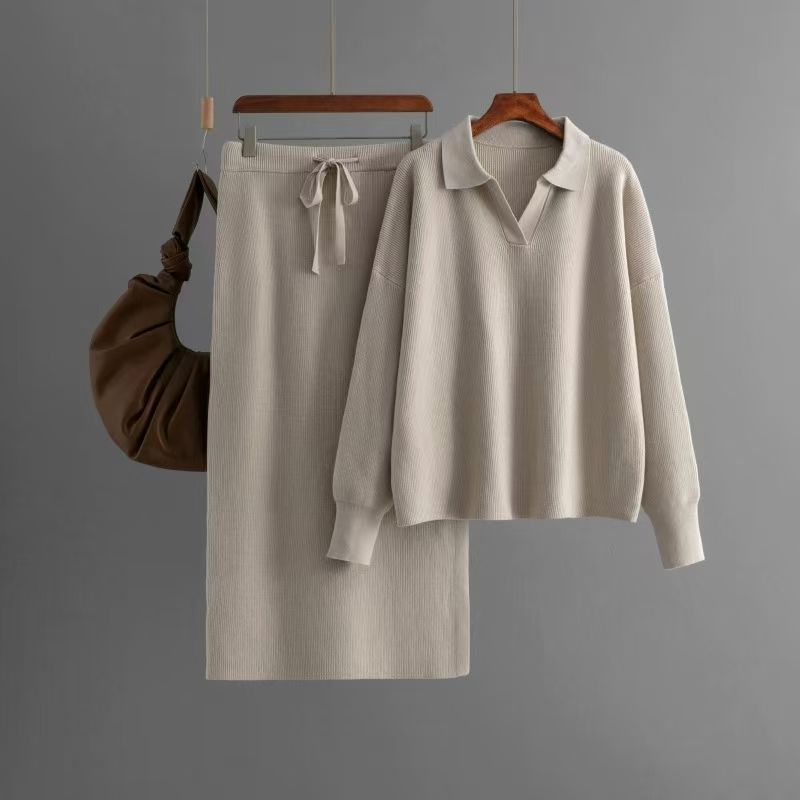 

Fashion Knitting Lapel Loose Sweater Skirt Suit Knited Sweater and Skirt Set Apricot All yards