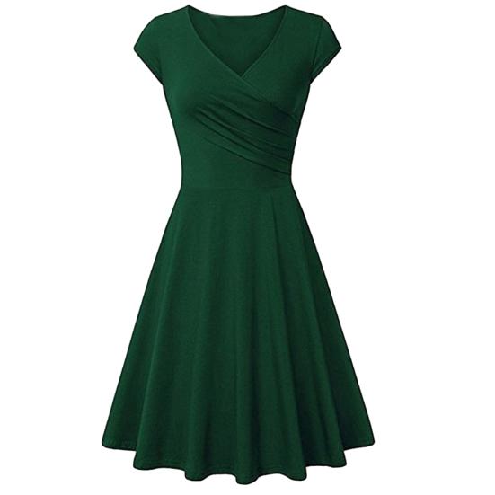 Fashion Women Solid Color V Neck Short Sleeve Plated Swing Party Banquet Dress